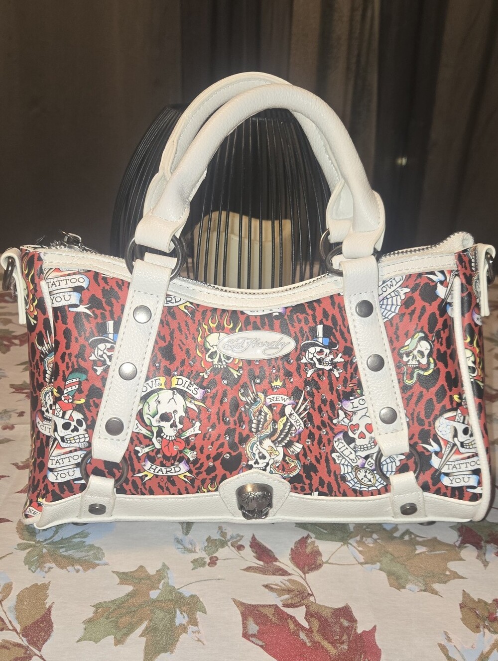 Ed Hardy Red Tattoo Print Satchel with White Trim